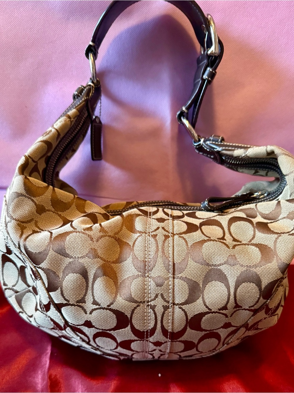 Coach Tan and Brown Signature Hobo Shoulder Bag